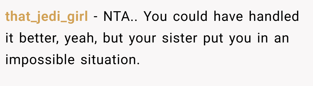 that_jedi_girl − NTA.. You could have handled it better, yeah, but your sister put you in an impossible situation.