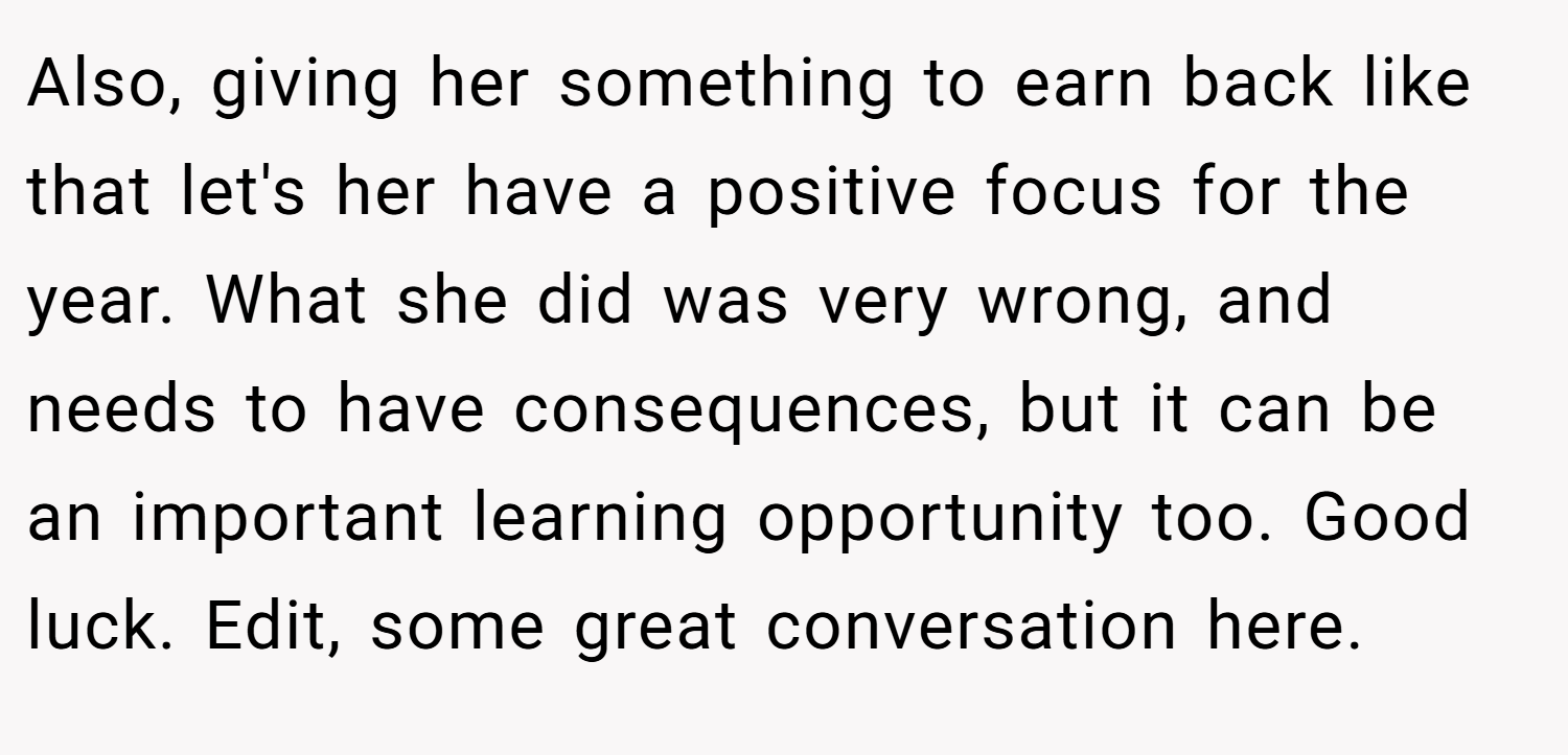 Also, giving her something to earn back like that let's her have a positive focus for the year. What she did was very wrong, and needs to have consequences, but it can be an important learning opportunity too. Good luck. Edit, some great conversation here.