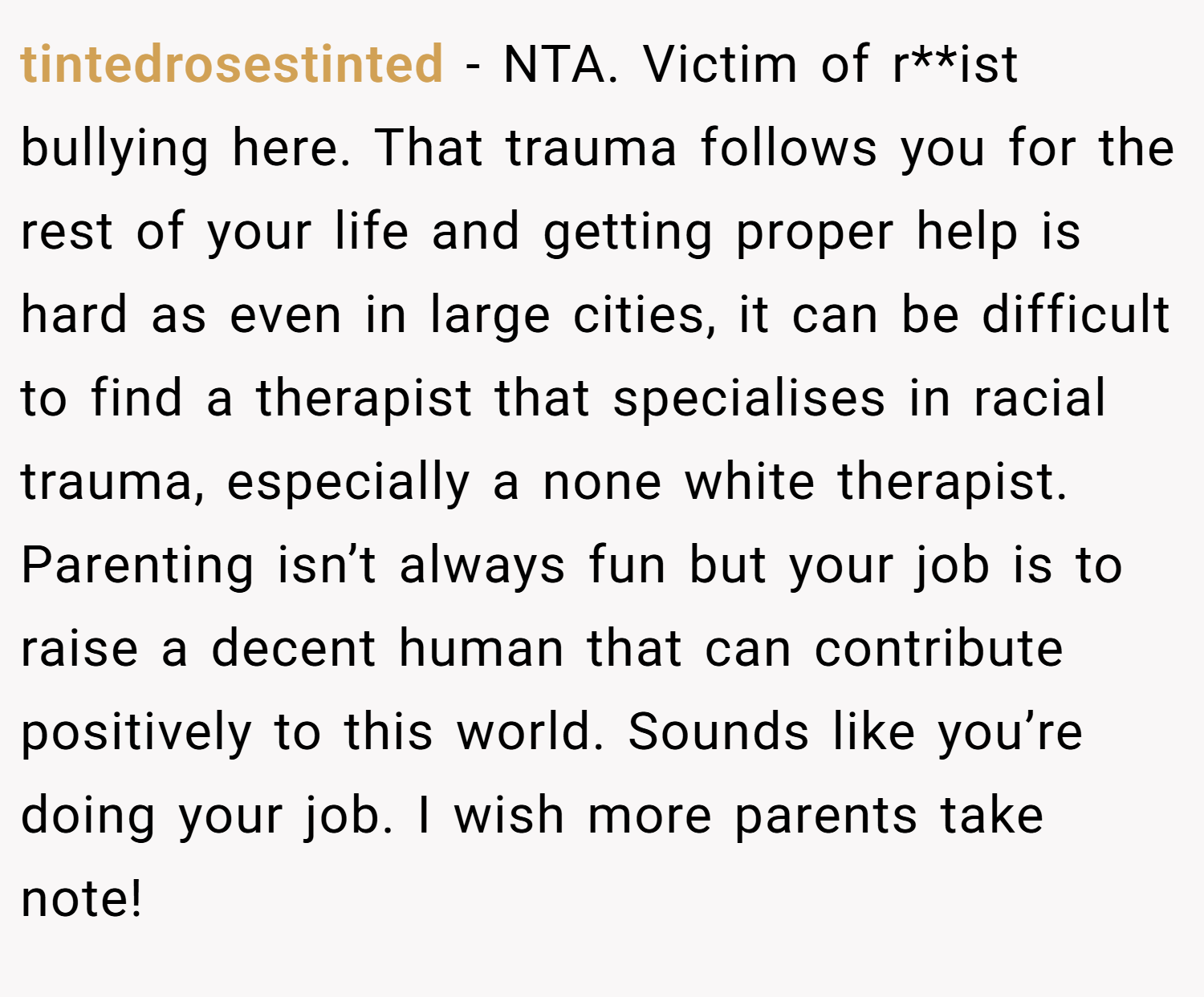 tintedrosestinted − NTA. Victim of r**ist bullying here. That trauma follows you for the rest of your life and getting proper help is hard as even in large cities, it can be difficult to find a therapist that specialises in racial trauma, especially a none white therapist. Parenting isn’t always fun but your job is to raise a decent human that can contribute positively to this world. Sounds like you’re doing your job. I wish more parents take note!