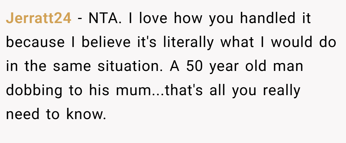 Jerratt24 − NTA. I love how you handled it because I believe it's literally what I would do in the same situation. A 50 year old man dobbing to his mum...that's all you really need to know.