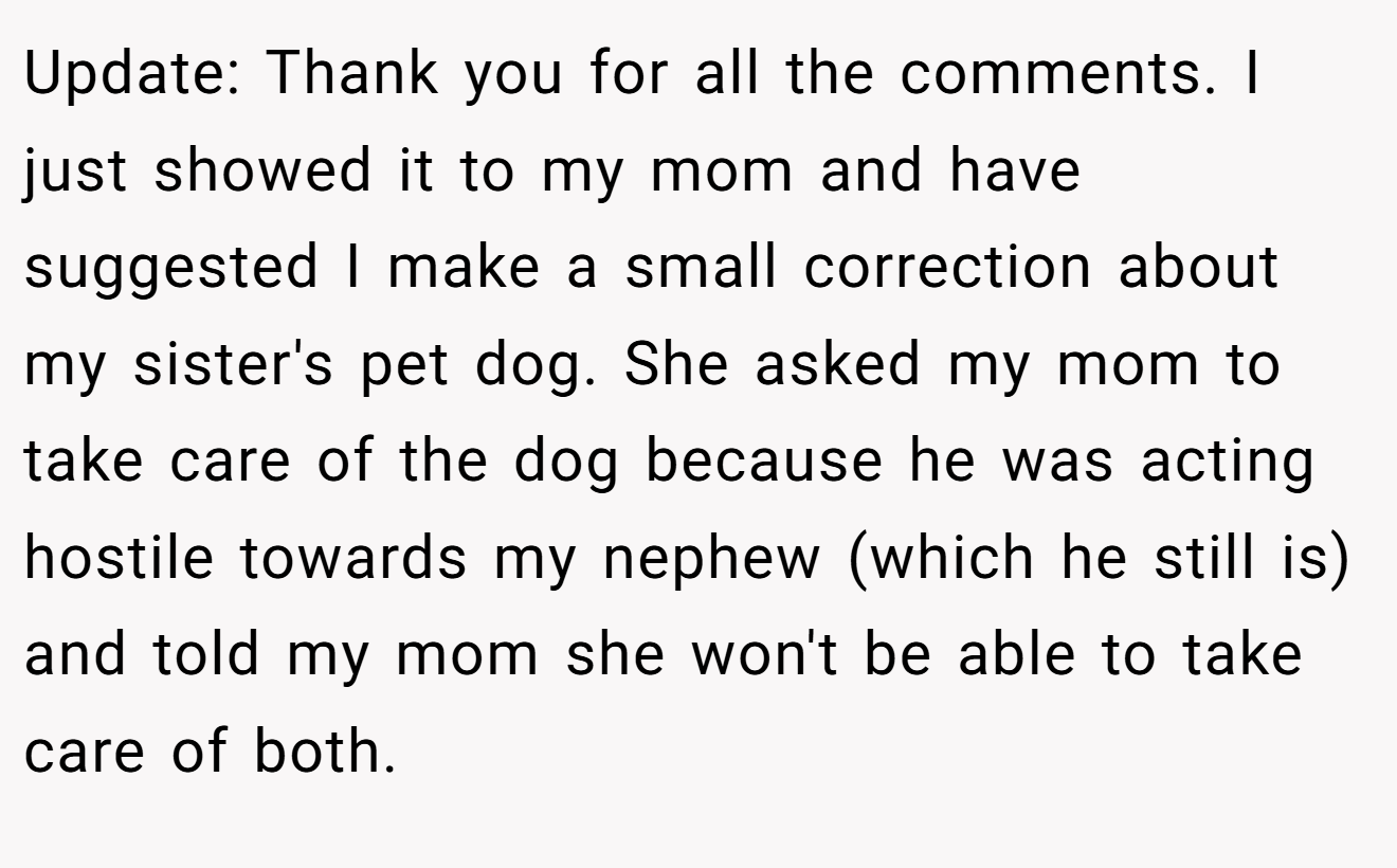 Update: Thank you for all the comments. I just showed it to my mom and have suggested I make a small correction about my sister's pet dog. She asked my mom to take care of the dog because he was acting hostile towards my nephew (which he still is) and told my mom she won't be able to take care of both.