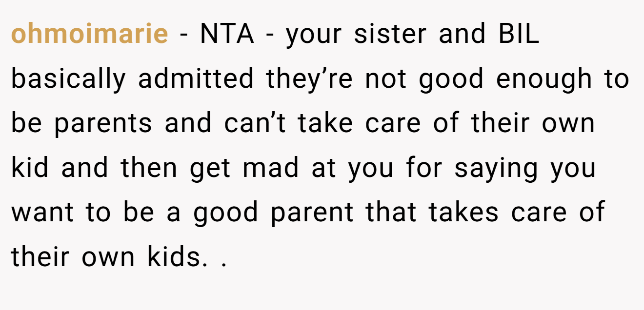 ohmoimarie − NTA - your sister and BIL basically admitted they’re not good enough to be parents and can’t take care of their own kid and then get mad at you for saying you want to be a good parent that takes care of their own kids. .