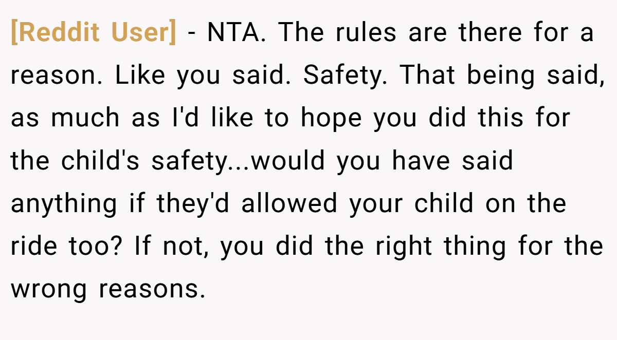 [Reddit User] − NTA. The rules are there for a reason. Like you said. Safety. That being said, as much as I'd like to hope you did this for the child's safety...would you have said anything if they'd allowed your child on the ride too? If not, you did the right thing for the wrong reasons.
