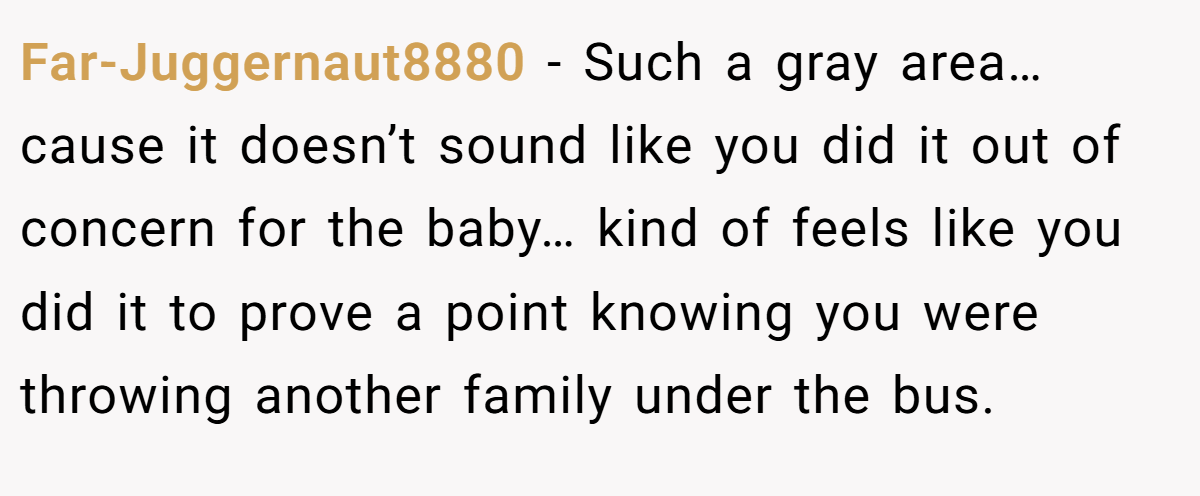 Far-Juggernaut8880 − Such a gray area… cause it doesn’t sound like you did it out of concern for the baby… kind of feels like you did it to prove a point knowing you were throwing another family under the bus.