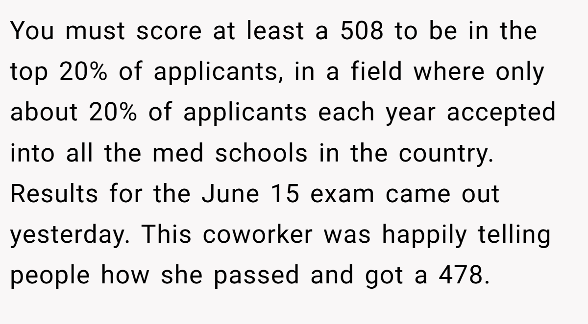 You must score at least a 508 to be in the top 20% of applicants, in a field where only about 20% of applicants each year accepted into all the med schools in the country. Results for the June 15 exam came out yesterday. This coworker was happily telling people how she passed and got a 478.