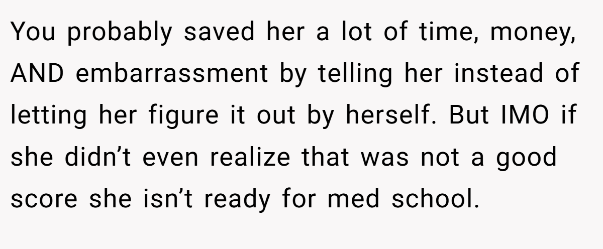 You probably saved her a lot of time, money, AND embarrassment by telling her instead of letting her figure it out by herself. But IMO if she didn’t even realize that was not a good score she isn’t ready for med school.