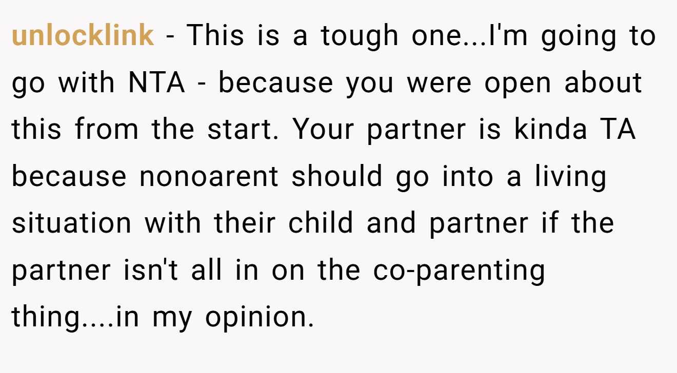 unlocklink − This is a tough one...I'm going to go with NTA - because you were open about this from the start. Your partner is kinda TA because nonoarent should go into a living situation with their child and partner if the partner isn't all in on the co-parenting thing....in my opinion.