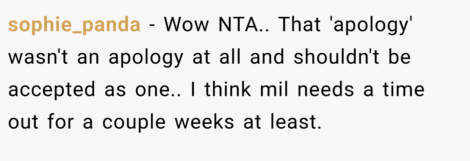 sophie_panda − Wow NTA.. That 'apology' wasn't an apology at all and shouldn't be accepted as one.. I think mil needs a time out for a couple weeks at least.
