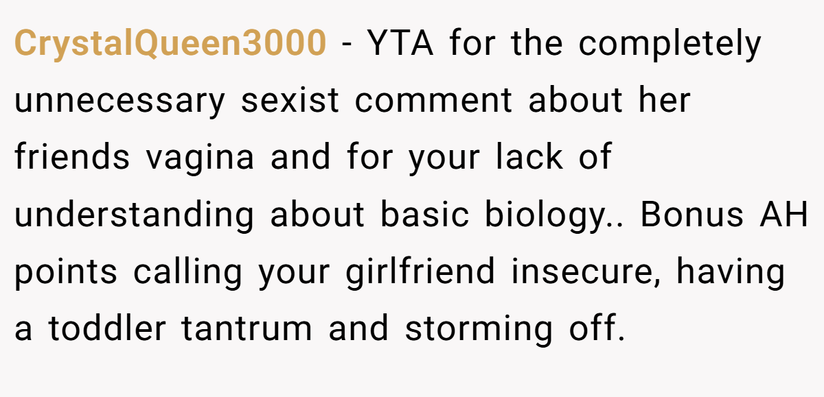 CrystalQueen3000 − YTA for the completely unnecessary sexist comment about her friends vagina and for your lack of understanding about basic biology.. Bonus AH points calling your girlfriend insecure, having a toddler tantrum and storming off.