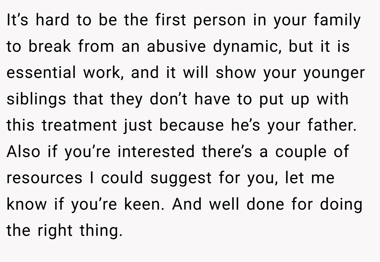 It’s hard to be the first person in your family to break from an abusive dynamic, but it is essential work, and it will show your younger siblings that they don’t have to put up with this treatment just because he’s your father. Also if you’re interested there’s a couple of resources I could suggest for you, let me know if you’re keen. And well done for doing the right thing.