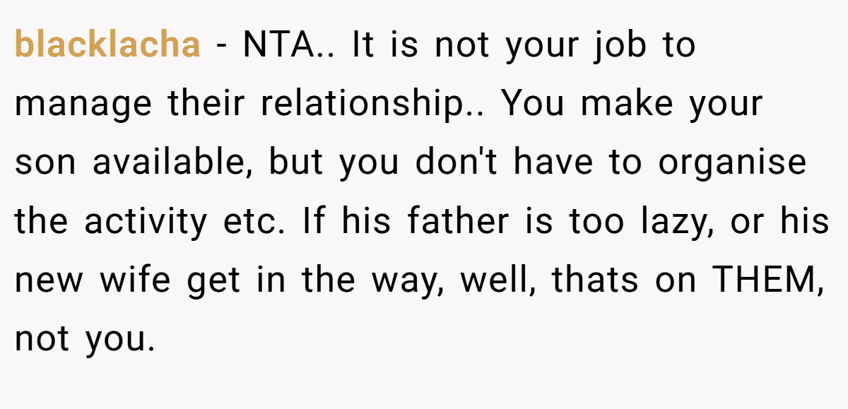 blacklacha − NTA.. It is not your job to manage their relationship.. You make your son available, but you don't have to organise the activity etc. If his father is too lazy, or his new wife get in the way, well, thats on THEM, not you.