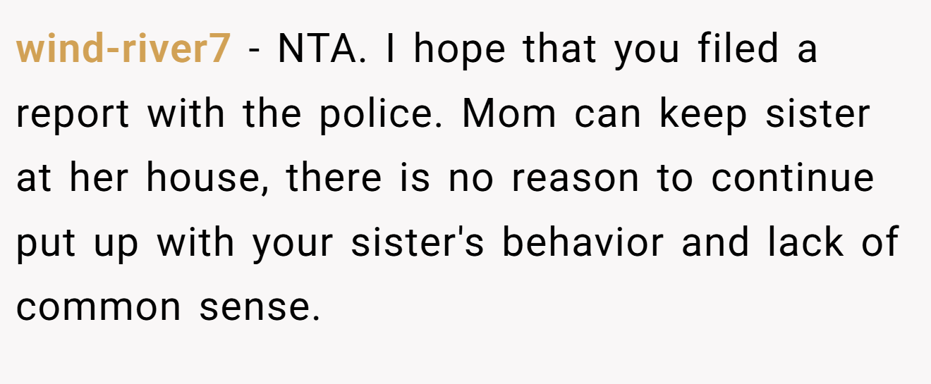 wind-river7 − NTA. I hope that you filed a report with the police. Mom can keep sister at her house, there is no reason to continue put up with your sister's behavior and lack of common sense.