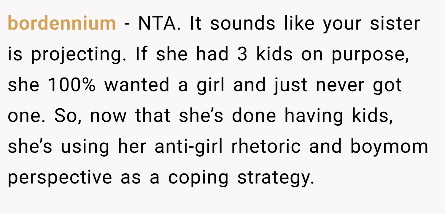 bordennium − NTA. It sounds like your sister is projecting. If she had 3 kids on purpose, she 100% wanted a girl and just never got one. So, now that she’s done having kids, she’s using her anti-girl rhetoric and boymom perspective as a coping strategy.