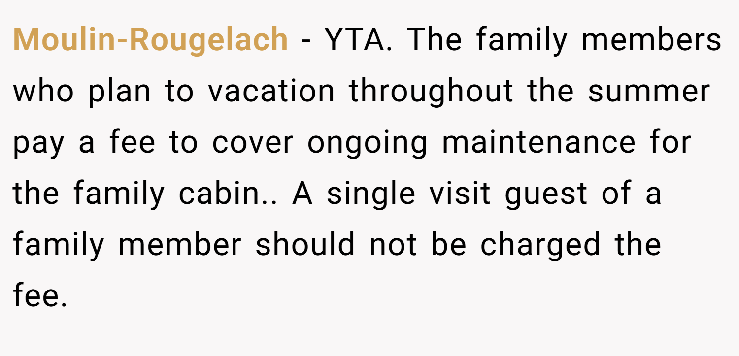 Moulin-Rougelach − YTA. The family members who plan to vacation throughout the summer pay a fee to cover ongoing maintenance for the family cabin.. A single visit guest of a family member should not be charged the fee.