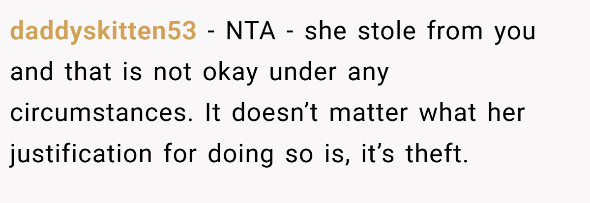 daddyskitten53 − NTA - she stole from you and that is not okay under any circumstances. It doesn’t matter what her justification for doing so is, it’s theft.