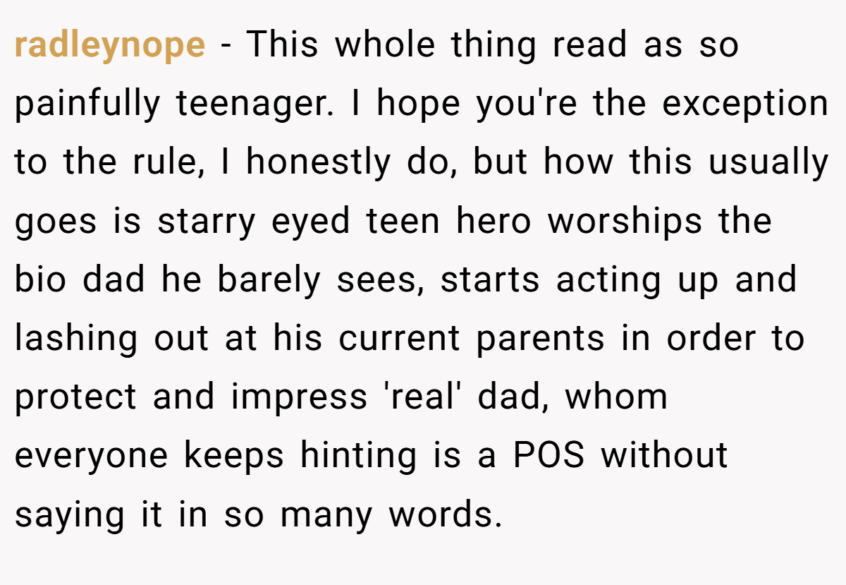 radleynope − This whole thing read as so painfully teenager. I hope you're the exception to the rule, I honestly do, but how this usually goes is starry eyed teen hero worships the bio dad he barely sees, starts acting up and lashing out at his current parents in order to protect and impress 'real' dad, whom everyone keeps hinting is a POS without saying it in so many words.