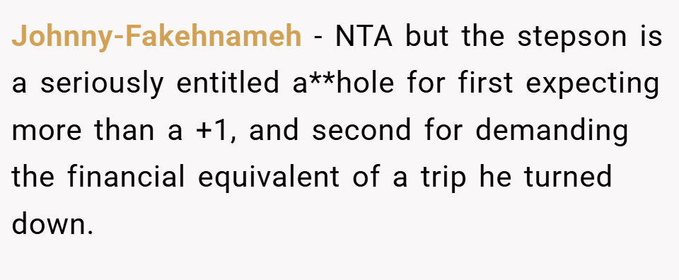 Johnny-Fakehnameh − NTA but the stepson is a seriously entitled a**hole for first expecting more than a +1, and second for demanding the financial equivalent of a trip he turned down.
