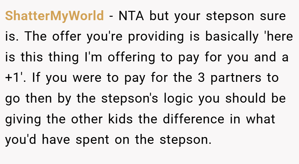 ShatterMyWorld − NTA but your stepson sure is. The offer you're providing is basically 'here is this thing I'm offering to pay for you and a +1'. If you were to pay for the 3 partners to go then by the stepson's logic you should be giving the other kids the difference in what you'd have spent on the stepson.
