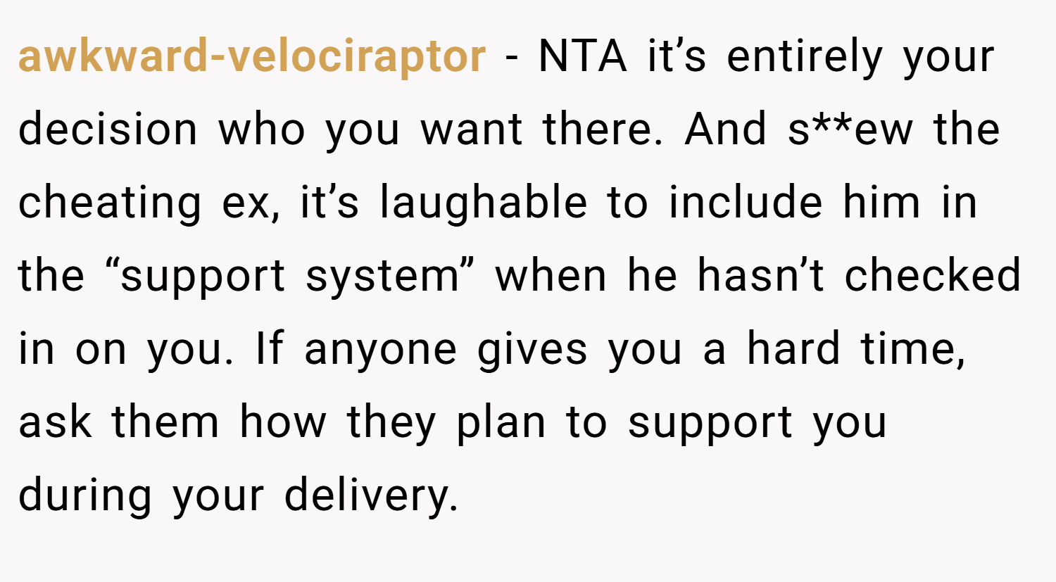 awkward-velociraptor − NTA it’s entirely your decision who you want there. And s**ew the cheating ex, it’s laughable to include him in the “support system” when he hasn’t checked in on you. If anyone gives you a hard time, ask them how they plan to support you during your delivery.