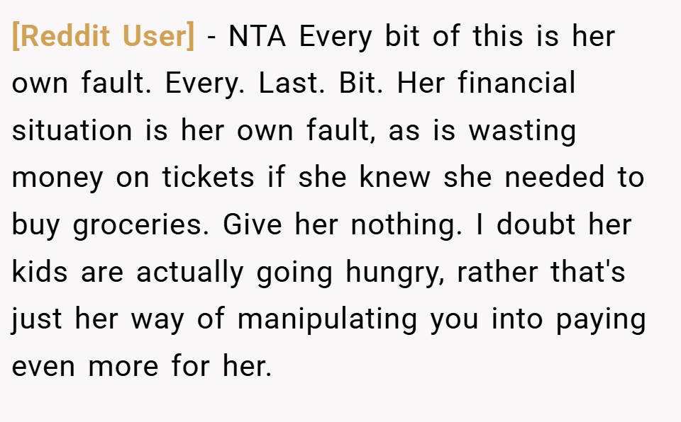 [Reddit User] − NTA Every bit of this is her own fault. Every. Last. Bit. Her financial situation is her own fault, as is wasting money on tickets if she knew she needed to buy groceries. Give her nothing. I doubt her kids are actually going hungry, rather that's just her way of manipulating you into paying even more for her.