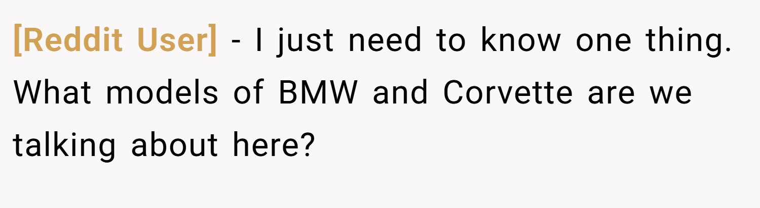 [Reddit User] − I just need to know one thing. What models of BMW and Corvette are we talking about here?