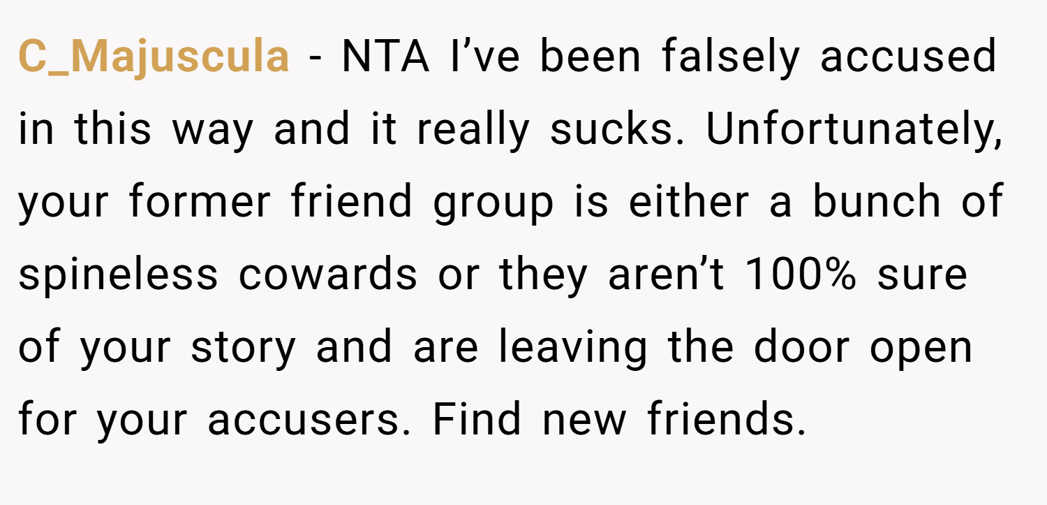 C_Majuscula − NTA I’ve been falsely accused in this way and it really sucks. Unfortunately, your former friend group is either a bunch of spineless cowards or they aren’t 100% sure of your story and are leaving the door open for your accusers. Find new friends.
