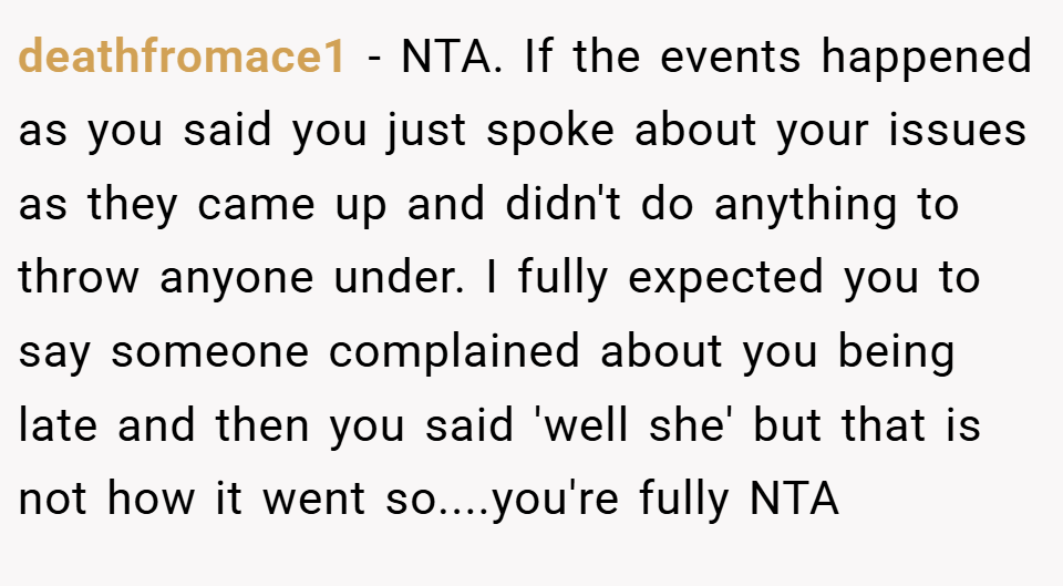 deathfromace1 − NTA. If the events happened as you said you just spoke about your issues as they came up and didn't do anything to throw anyone under. I fully expected you to say someone complained about you being late and then you said 'well she' but that is not how it went so....you're fully NTA