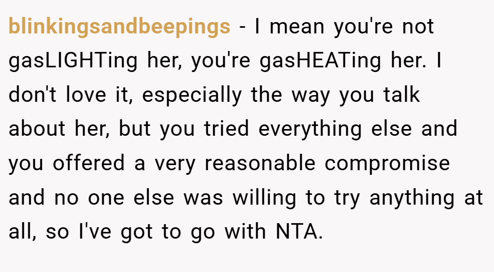 blinkingsandbeepings − I mean you're not gasLIGHTing her, you're gasHEATing her. I don't love it, especially the way you talk about her, but you tried everything else and you offered a very reasonable compromise and no one else was willing to try anything at all, so I've got to go with NTA.
