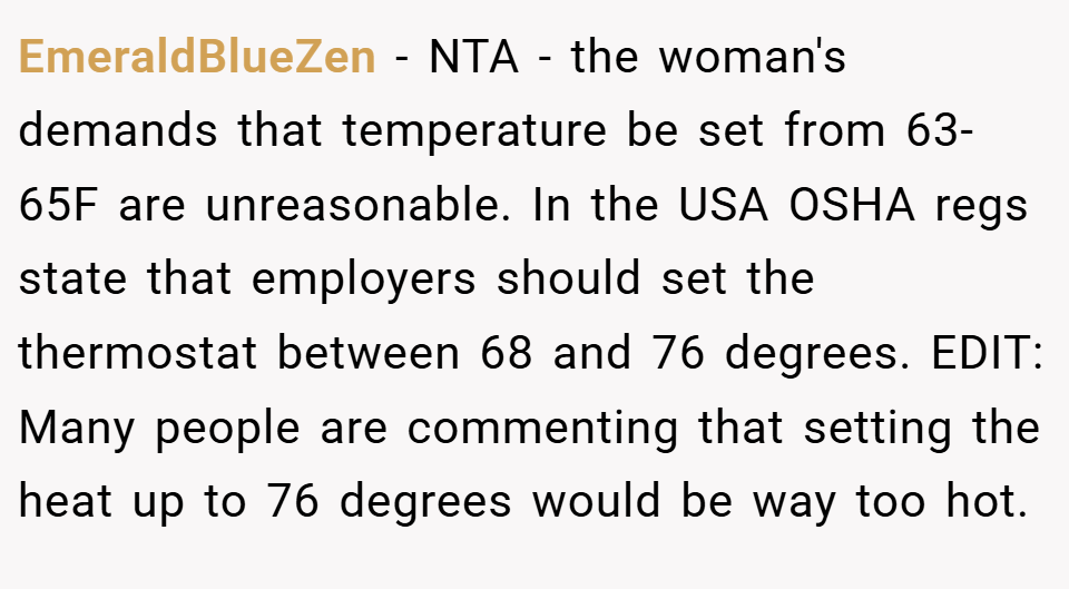 EmeraldBlueZen − NTA - the woman's demands that temperature be set from 63-65F are unreasonable. In the USA OSHA regs state that employers should set the thermostat between 68 and 76 degrees. EDIT: Many people are commenting that setting the heat up to 76 degrees would be way too hot.