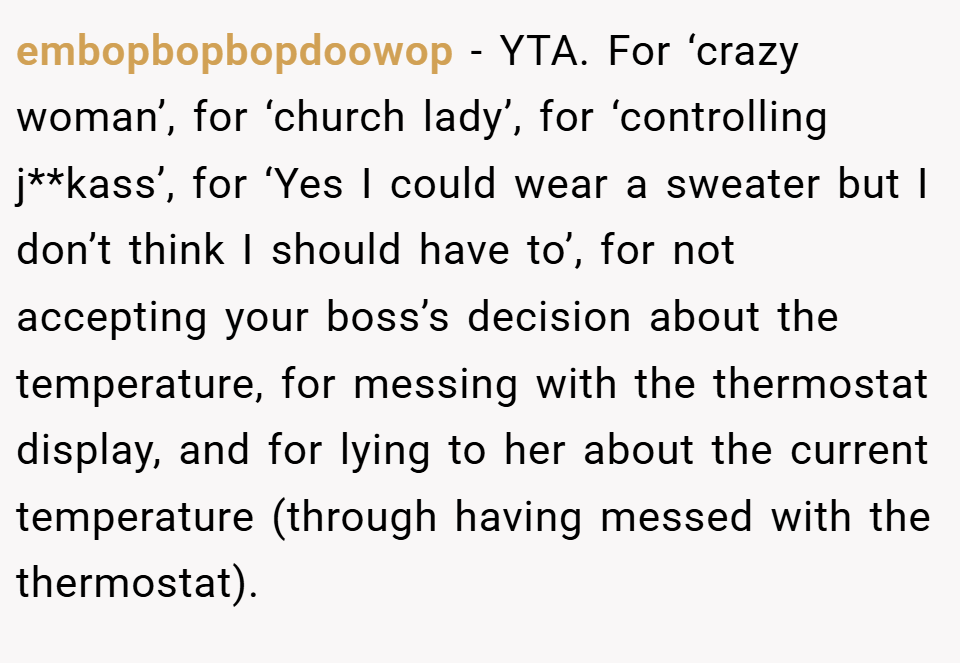 embopbopbopdoowop − YTA. For ‘crazy woman’, for ‘church lady’, for ‘controlling j**kass’, for ‘Yes I could wear a sweater but I don’t think I should have to’, for not accepting your boss’s decision about the temperature, for messing with the thermostat display, and for lying to her about the current temperature (through having messed with the thermostat).