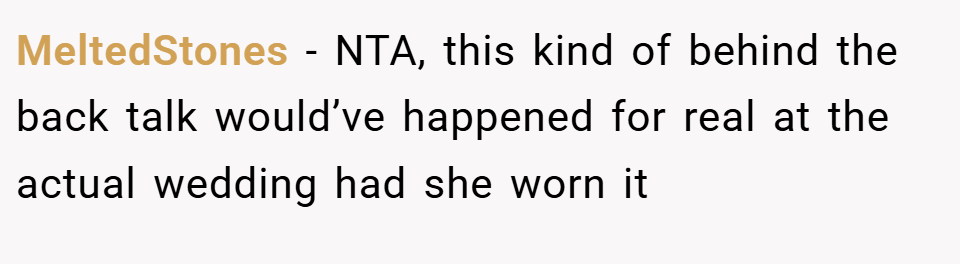 MeltedStones − NTA, this kind of behind the back talk would’ve happened for real at the actual wedding had she worn it