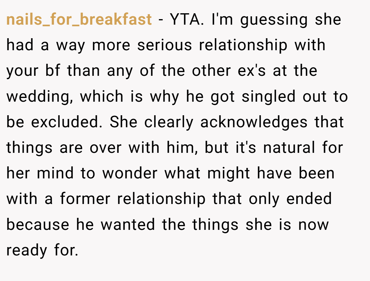 nails_for_breakfast − YTA. I'm guessing she had a way more serious relationship with your bf than any of the other ex's at the wedding, which is why he got singled out to be excluded. She clearly acknowledges that things are over with him, but it's natural for her mind to wonder what might have been with a former relationship that only ended because he wanted the things she is now ready for.