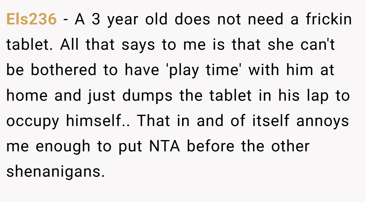 Els236 − A 3 year old does not need a frickin tablet. All that says to me is that she can't be bothered to have 'play time' with him at home and just dumps the tablet in his lap to occupy himself.. That in and of itself annoys me enough to put NTA before the other shenanigans.