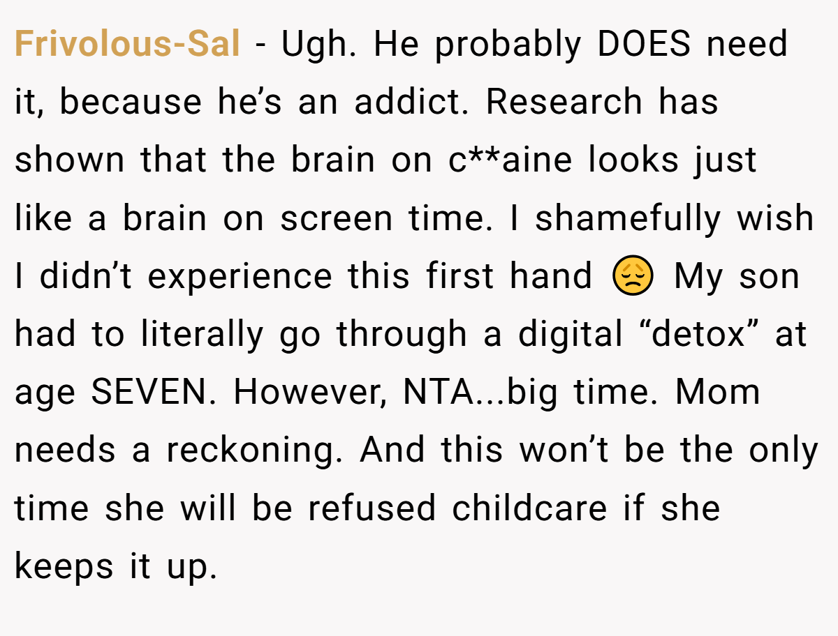 Frivolous-Sal − Ugh. He probably DOES need it, because he’s an addict. Research has shown that the brain on c**aine looks just like a brain on screen time. I shamefully wish I didn’t experience this first hand 😞 My son had to literally go through a digital “detox” at age SEVEN. However, NTA...big time. Mom needs a reckoning. And this won’t be the only time she will be refused childcare if she keeps it up.