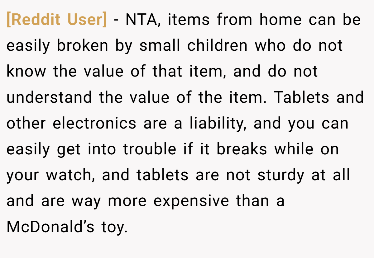 [Reddit User] − NTA, items from home can be easily broken by small children who do not know the value of that item, and do not understand the value of the item. Tablets and other electronics are a liability, and you can easily get into trouble if it breaks while on your watch, and tablets are not sturdy at all and are way more expensive than a McDonald’s toy.