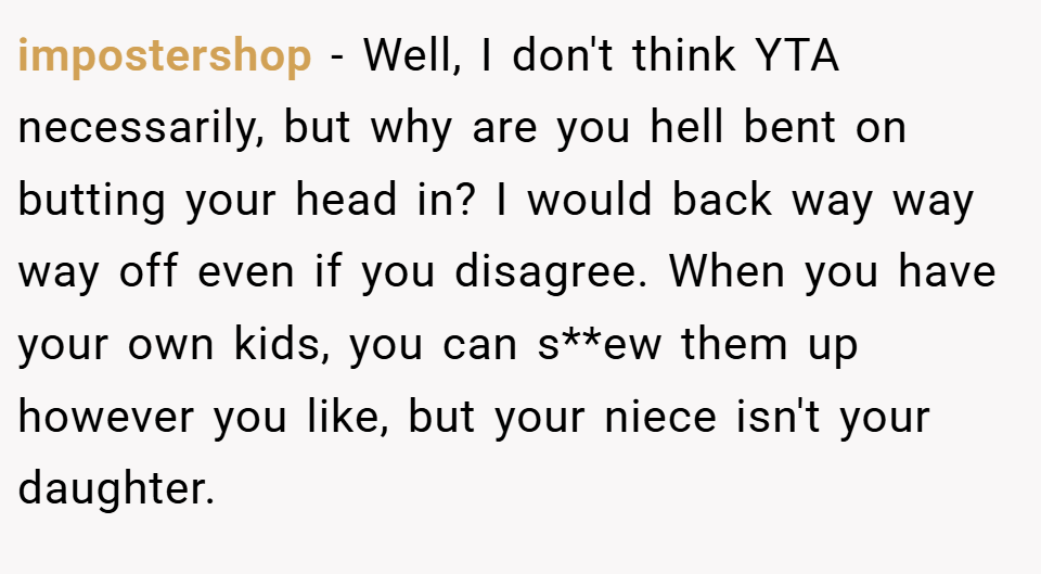impostershop − Well, I don't think YTA necessarily, but why are you hell bent on butting your head in? I would back way way way off even if you disagree. When you have your own kids, you can s**ew them up however you like, but your niece isn't your daughter.