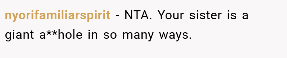 nyorifamiliarspirit − NTA. Your sister is a giant a**hole in so many ways.