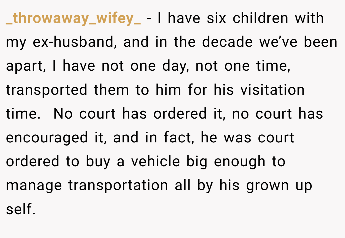 _throwaway_wifey_ − I have six children with my ex-husband, and in the decade we’ve been apart, I have not one day, not one time, transported them to him for his visitation time.  No court has ordered it, no court has encouraged it, and in fact, he was court ordered to buy a vehicle big enough to manage transportation all by his grown up self.