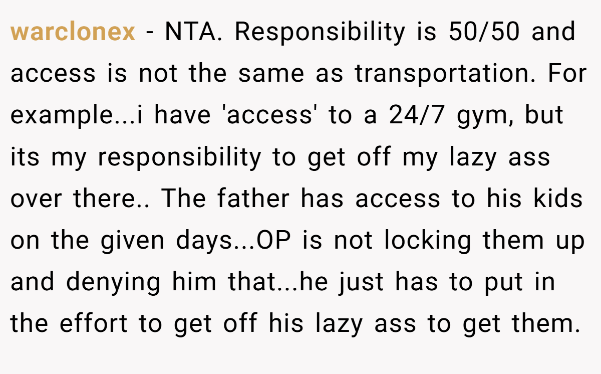 warclonex − NTA. Responsibility is 50/50 and access is not the same as transportation. For example...i have 'access' to a 24/7 gym, but its my responsibility to get off my lazy ass over there.. The father has access to his kids on the given days...OP is not locking them up and denying him that...he just has to put in the effort to get off his lazy ass to get them.