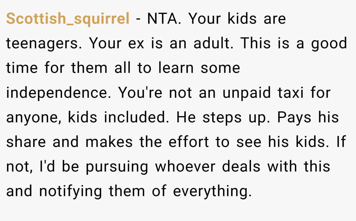 Scottish_squirrel − NTA. Your kids are teenagers. Your ex is an adult. This is a good time for them all to learn some independence. You're not an unpaid taxi for anyone, kids included. He steps up. Pays his share and makes the effort to see his kids. If not, I'd be pursuing whoever deals with this and notifying them of everything.