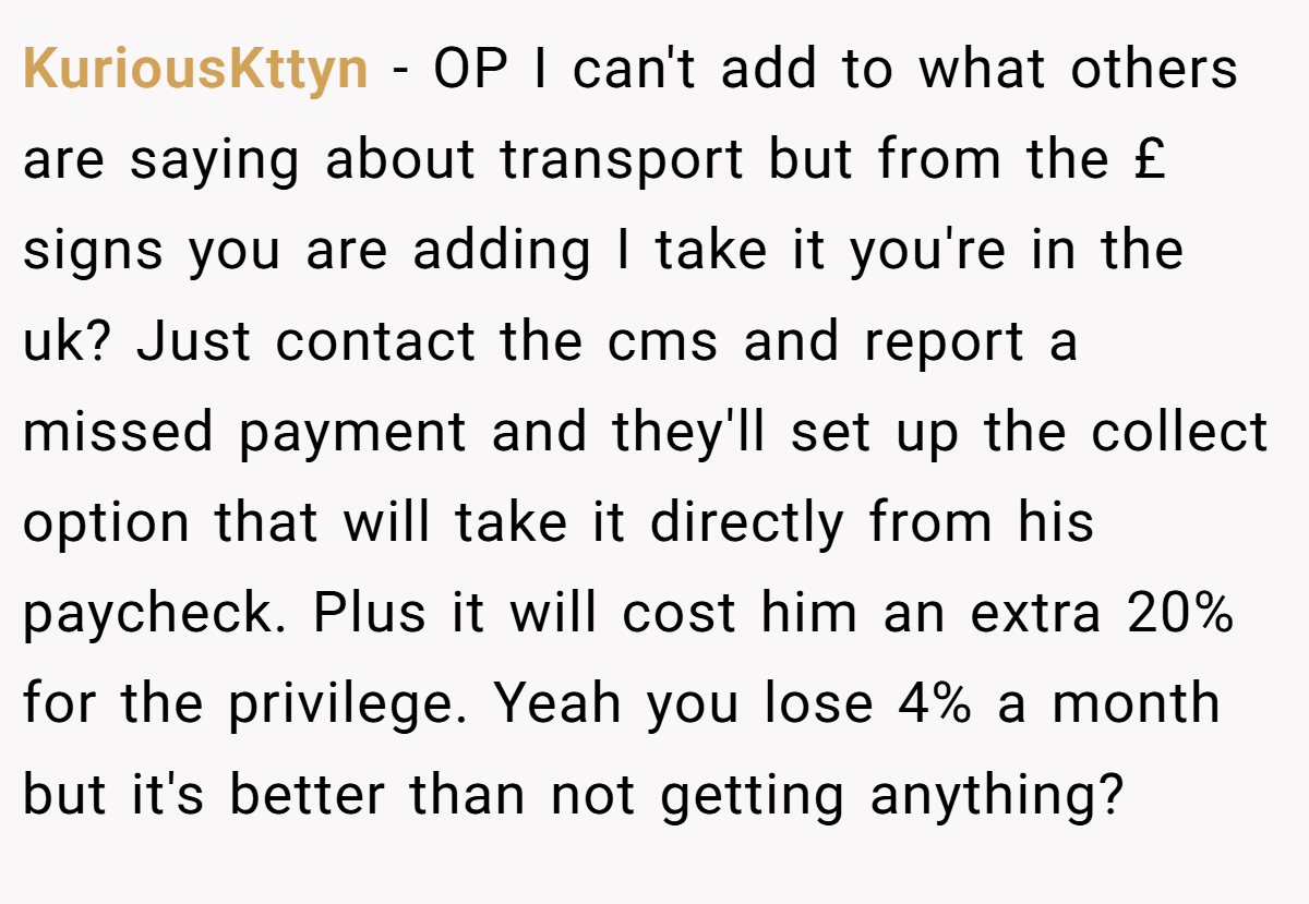 KuriousKttyn − OP I can't add to what others are saying about transport but from the £ signs you are adding I take it you're in the uk? Just contact the cms and report a missed payment and they'll set up the collect option that will take it directly from his paycheck. Plus it will cost him an extra 20% for the privilege. Yeah you lose 4% a month but it's better than not getting anything?
