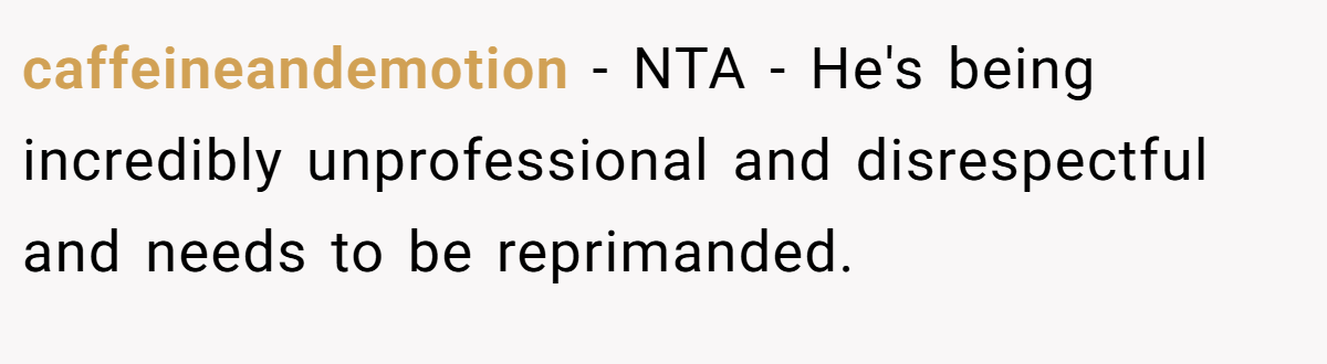 caffeineandemotion − NTA - He's being incredibly unprofessional and disrespectful and needs to be reprimanded.