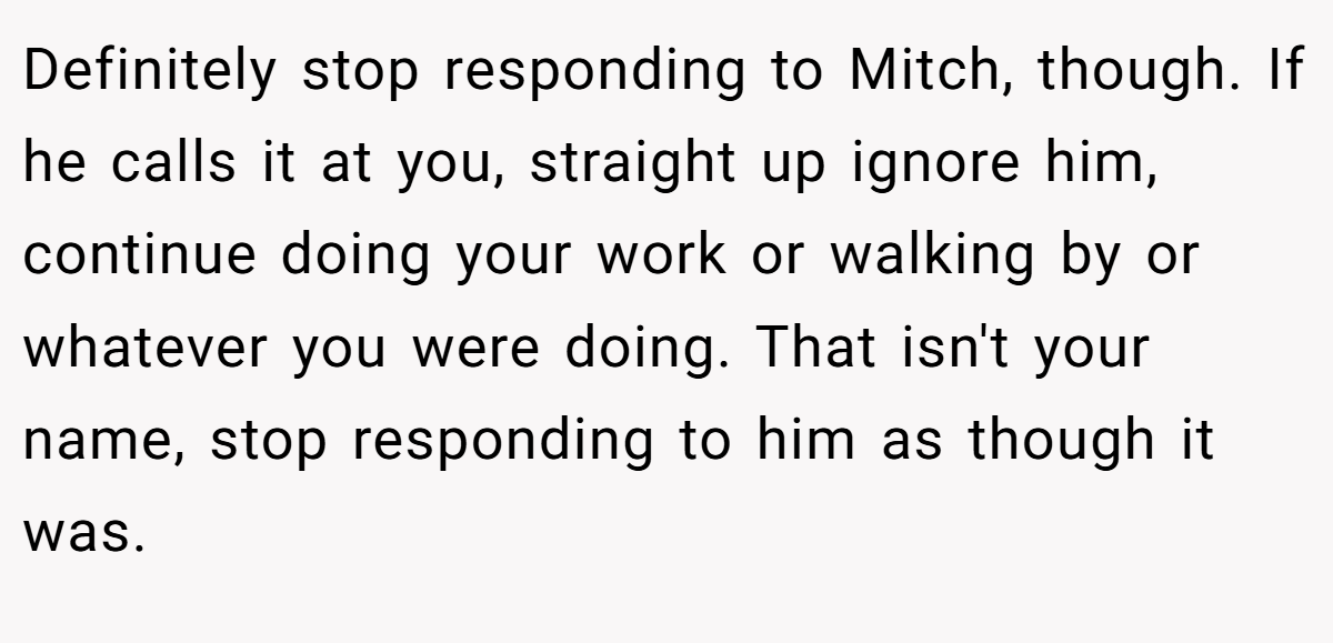 Definitely stop responding to Mitch, though. If he calls it at you, straight up ignore him, continue doing your work or walking by or whatever you were doing. That isn't your name, stop responding to him as though it was.