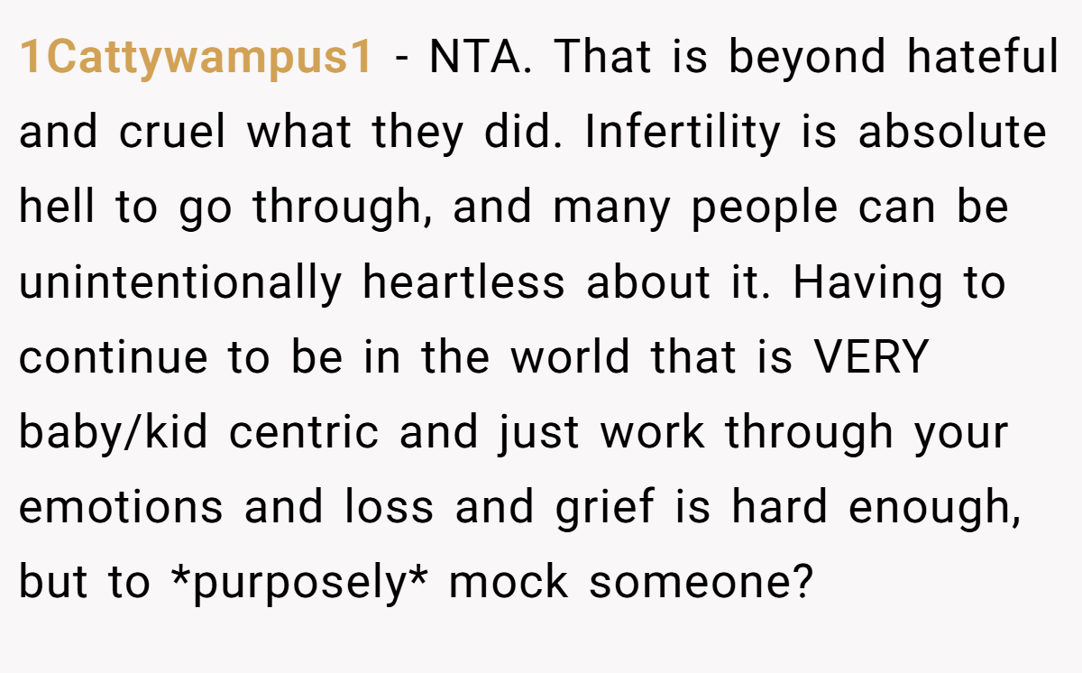1Cattywampus1 − NTA. That is beyond hateful and cruel what they did. Infertility is absolute hell to go through, and many people can be unintentionally heartless about it. Having to continue to be in the world that is VERY baby/kid centric and just work through your emotions and loss and grief is hard enough, but to *purposely* mock someone?