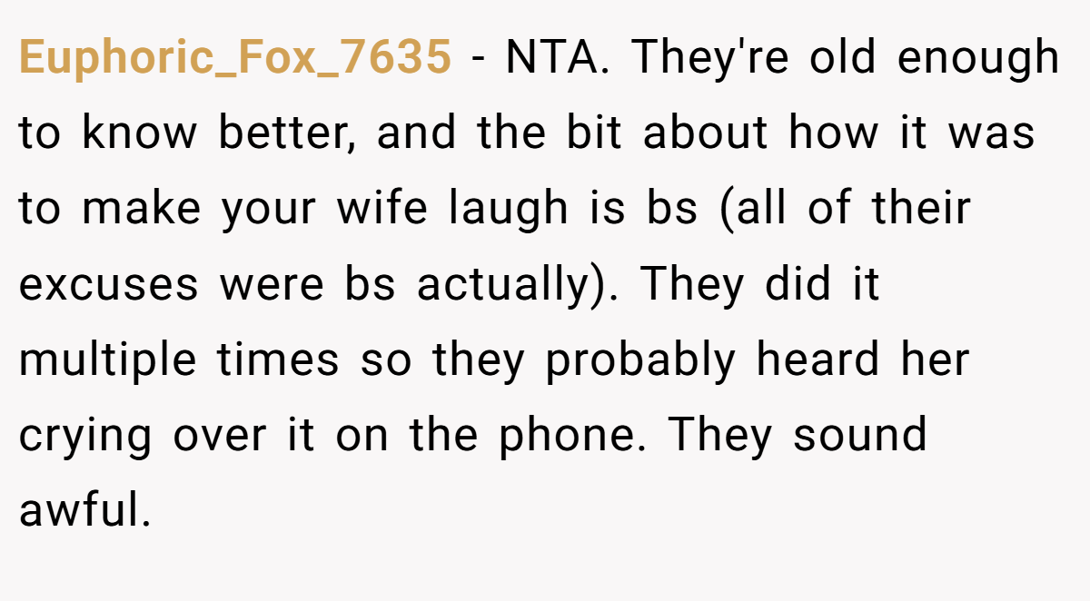 Euphoric_Fox_7635 − NTA. They're old enough to know better, and the bit about how it was to make your wife laugh is bs (all of their excuses were bs actually). They did it multiple times so they probably heard her crying over it on the phone. They sound awful.