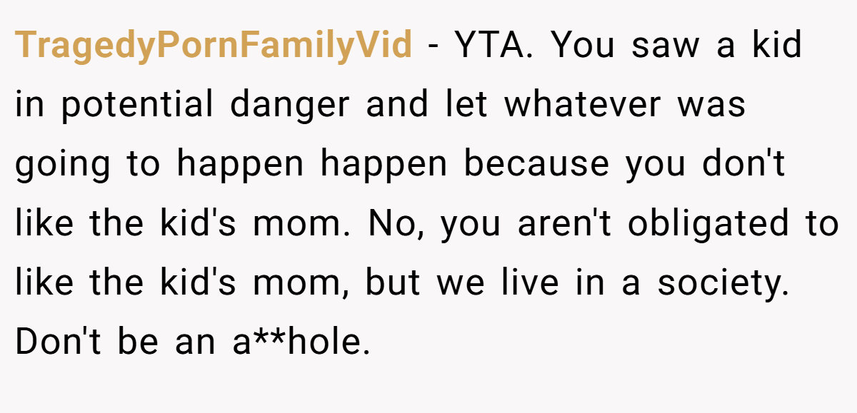 TragedyPornFamilyVid − YTA. You saw a kid in potential danger and let whatever was going to happen happen because you don't like the kid's mom. No, you aren't obligated to like the kid's mom, but we live in a society. Don't be an a**hole.