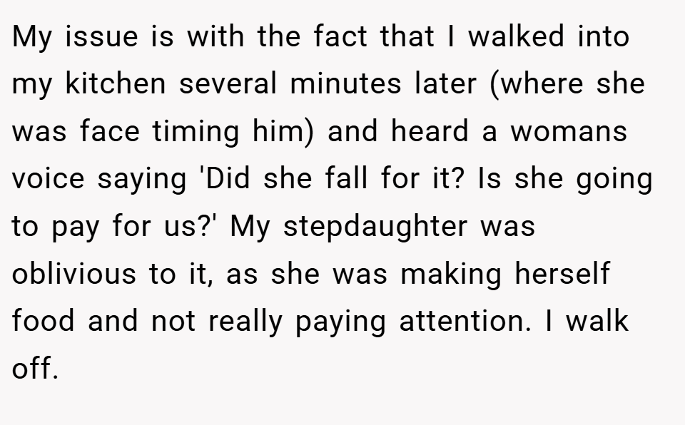 My issue is with the fact that I walked into my kitchen several minutes later (where she was face timing him) and heard a womans voice saying 'Did she fall for it? Is she going to pay for us?' My stepdaughter was oblivious to it, as she was making herself food and not really paying attention. I walk off.
