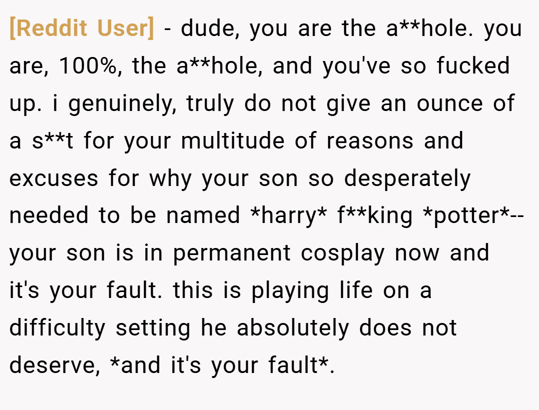 [Reddit User] − dude, you are the a**hole. you are, 100%, the a**hole, and you've so fucked up. i genuinely, truly do not give an ounce of a s**t for your multitude of reasons and excuses for why your son so desperately needed to be named *harry* f**king *potter*--your son is in permanent cosplay now and it's your fault. this is playing life on a difficulty setting he absolutely does not deserve, *and it's your fault*.