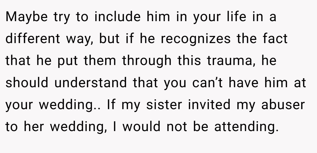 Maybe try to include him in your life in a different way, but if he recognizes the fact that he put them through this trauma, he should understand that you can’t have him at your wedding.. If my sister invited my abuser to her wedding, I would not be attending.