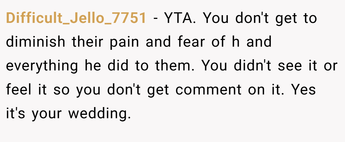 Difficult_Jello_7751 − YTA. You don't get to diminish their pain and fear of h and everything he did to them. You didn't see it or feel it so you don't get comment on it. Yes it's your wedding.